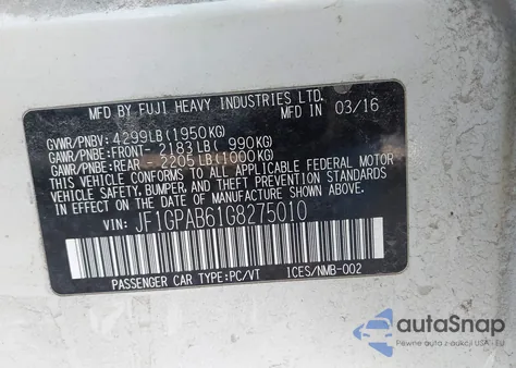 2016 Subaru Impreza Premium из США, поврежденный, VIN JF1GPAB61G8275010